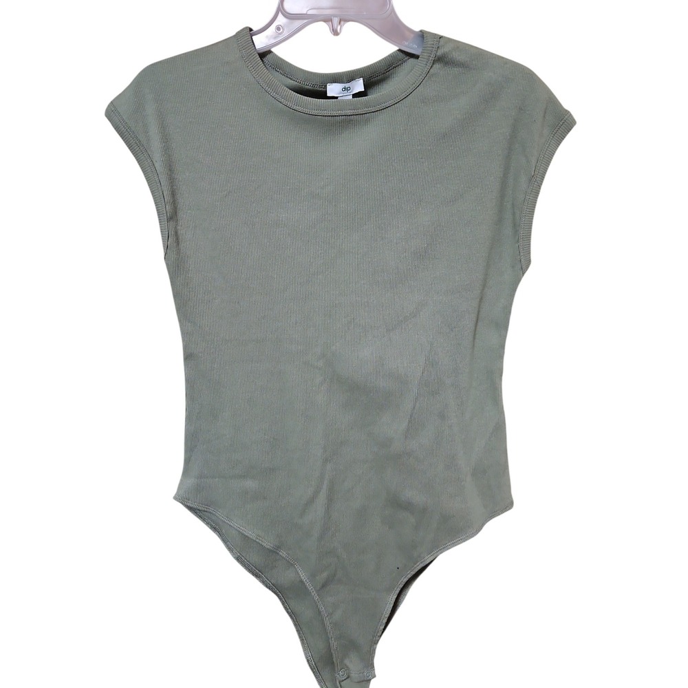 Dip Womens Ribbed Knit Sleeveless Bodysuit Olive Green Crew Neck L NWT  0620